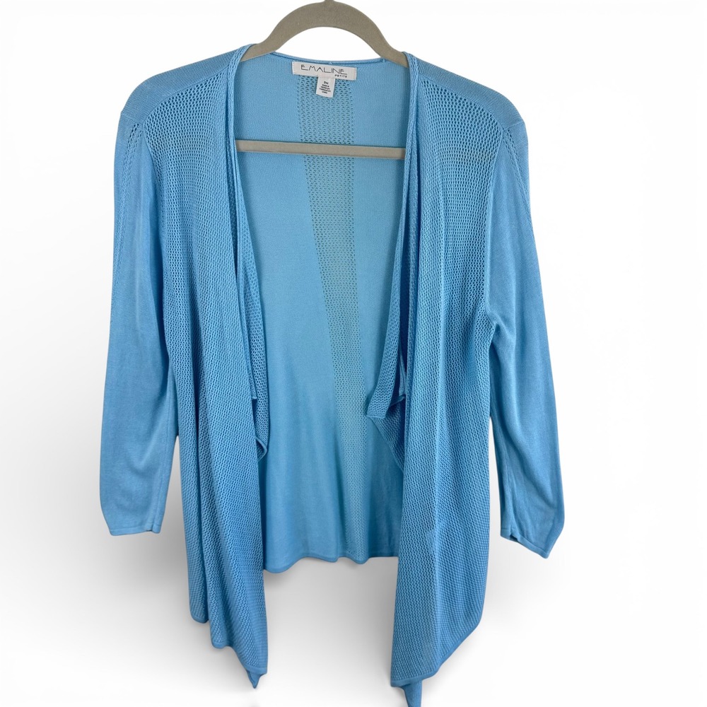 Emaline Petite Light Blue Open Front Cardigan Mesh Knit 3/4 Sleeve Viscose PM